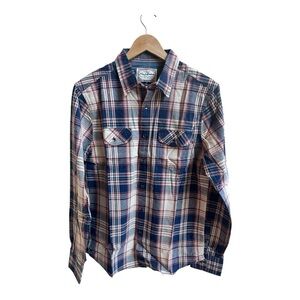 Flag and Anthem Blue Red Plaid Casual Collared Long Sleeve Button Up Mens Size M